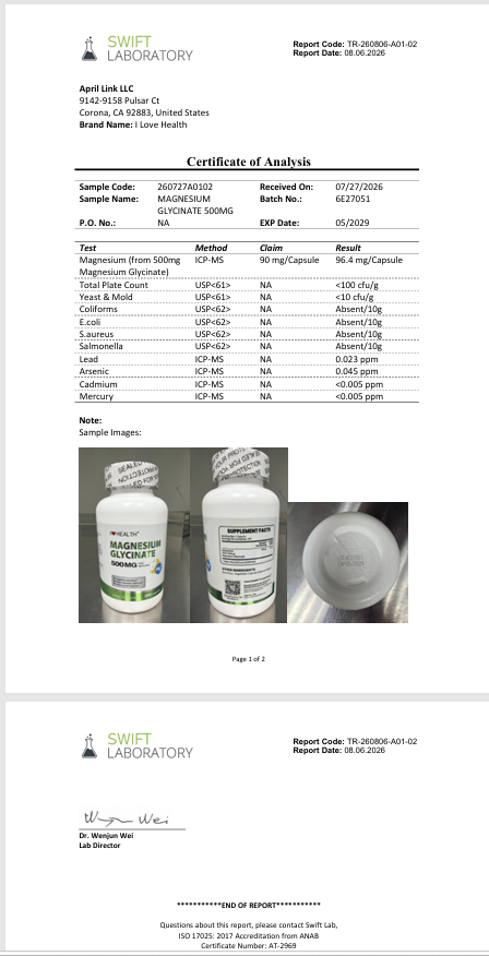 I Love Health Magnesium Glycinate – 240 Capsules
